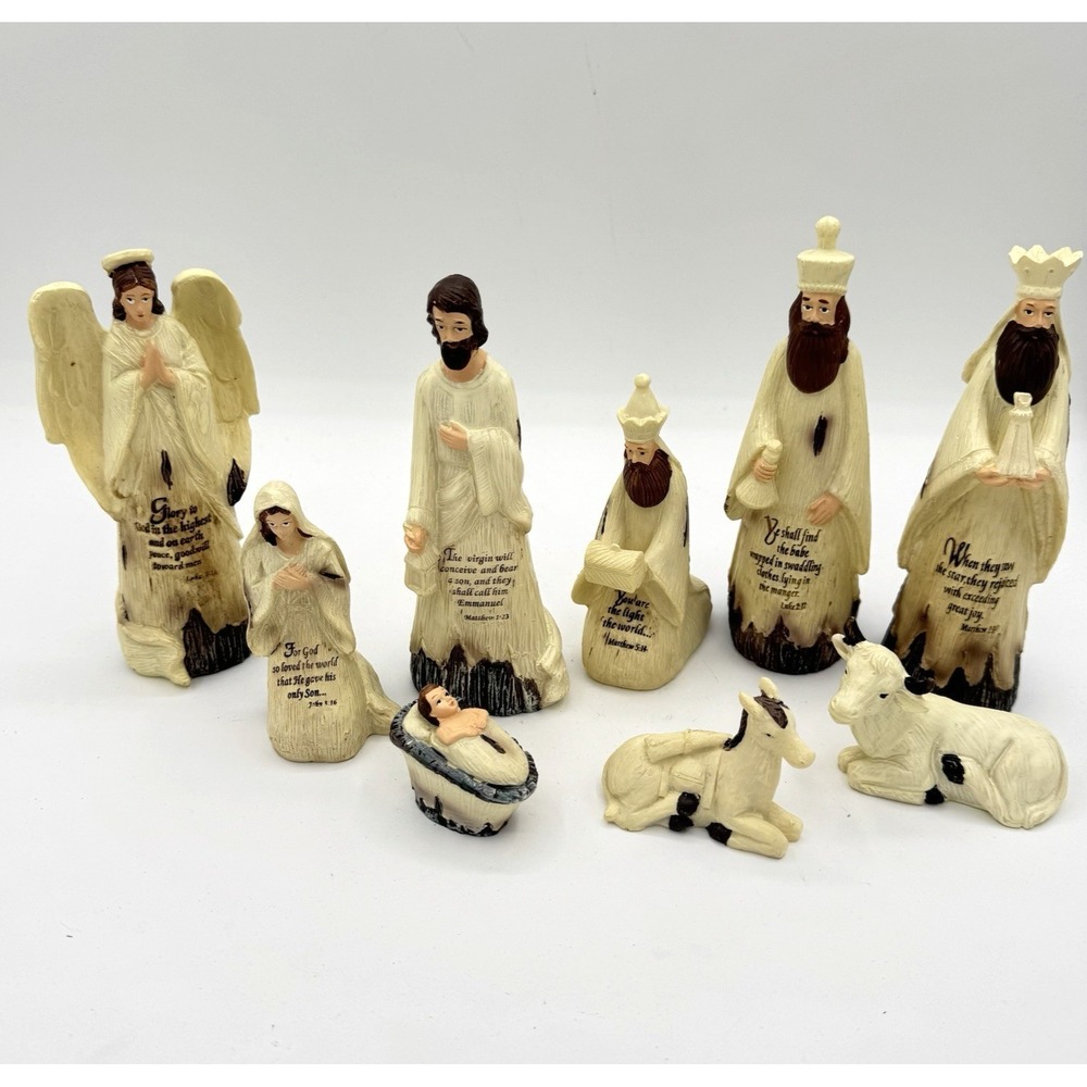Vintage Kirkland's‎ Sentiment 9 Piece Christmas Nativity Set Carved Resin -READ